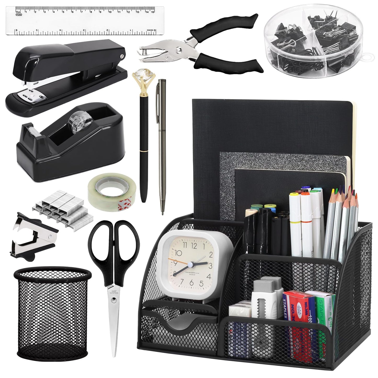 13-in-1 Office Desk Organizer Set with Stapler and Tape Dispenser, Pen Holder, Scissors, Ruler, Hole Punch, 2 Pens & More - All-in-One Desktop Accessories for Home Office School Supplies (Black)