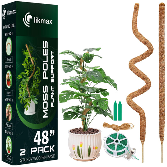 2-Pack 48'' Bendable Moss Poles for Monstera & Climbing Plants – Flexible Trellis Plant Support Stakes with Accessories – Indoor & Outdoor Use