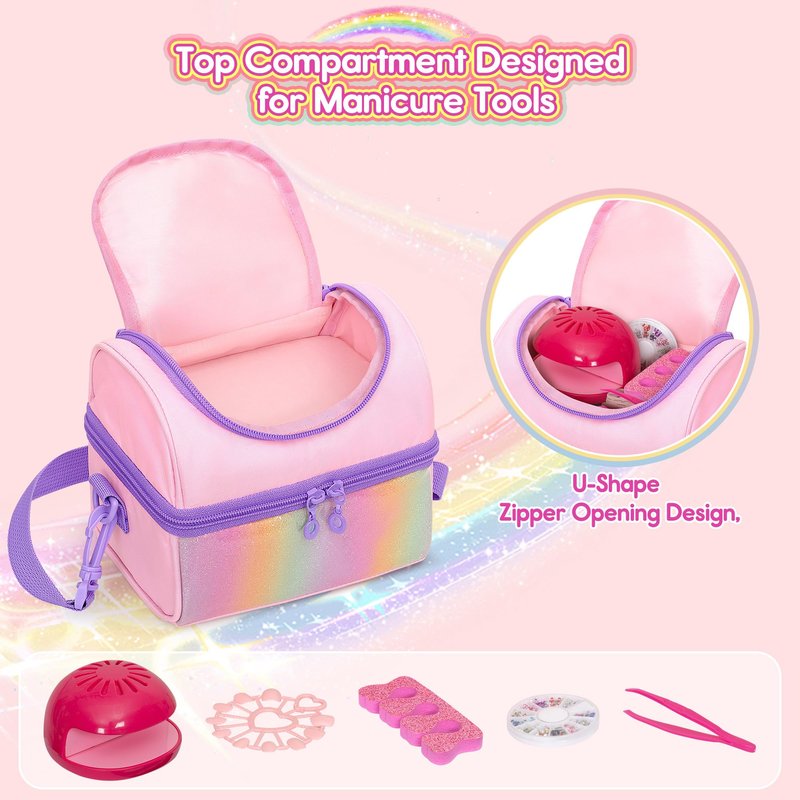 Kids Small Nail Polish Storage Holds 24 Bottles (0.15 fl oz - 0.17 fl oz), Double Layer Carrying Case for Nail Supplies, Rainbow Sequins Design, for Kids Girls Dress Up Play Travel, Pink, Case Only