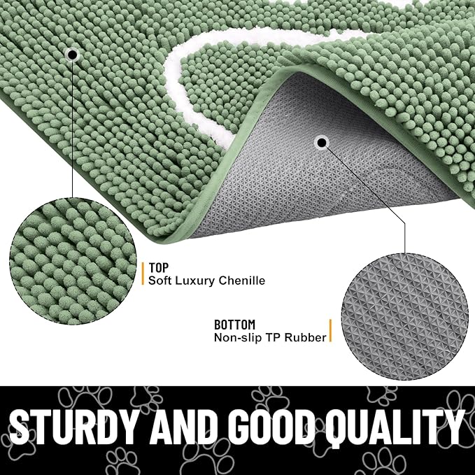 Smiry Dog Door Mat for Muddy Paws, Absorbent Dirt Trapper Non Slip Quick Dry Washable Chenille Mat for Mud Dogs, Entry Rug for Indoor and Outdoor (24x16 Inches, Olive Green and White)