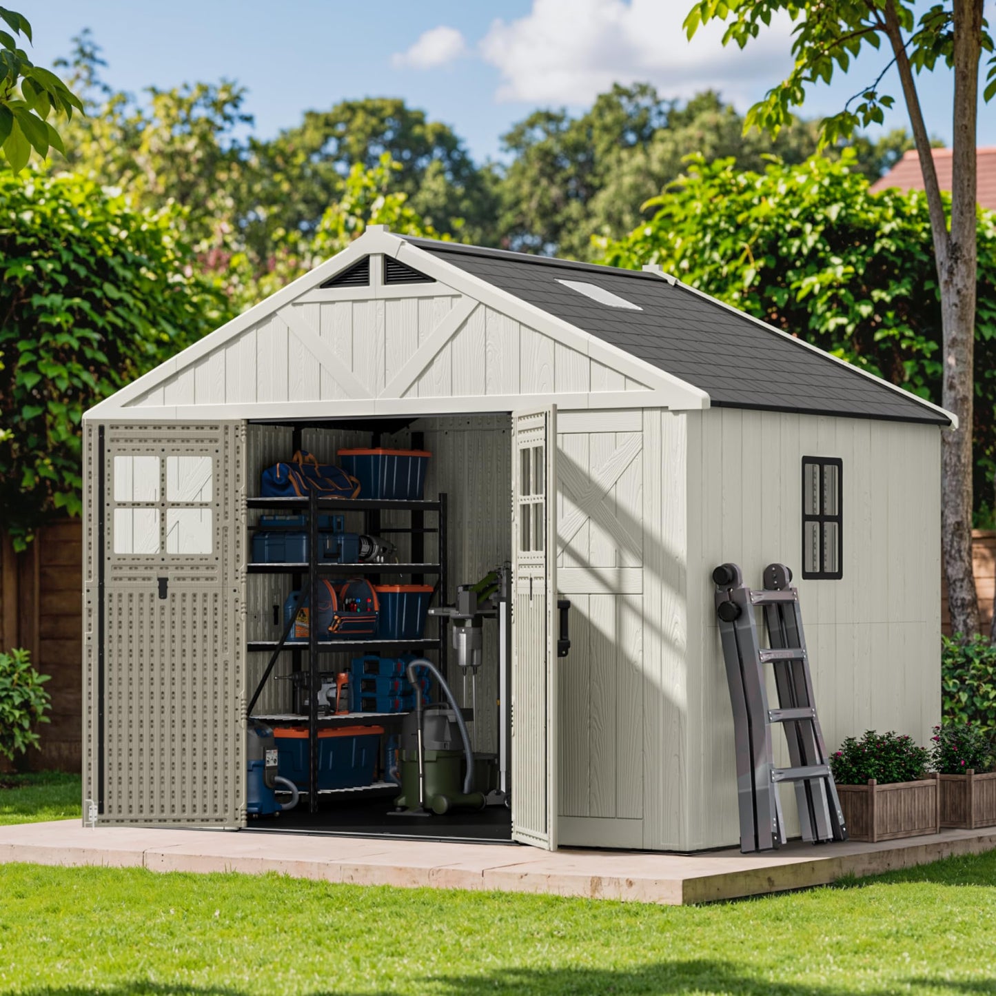 Patiowell 10 x 8 FT Outdoor Storage Shed, Plastic Shed with Floor and Skylight, Resin Storage Shed with Four-Window and Lockable Door for Garden, Patio, Backyard, Beige