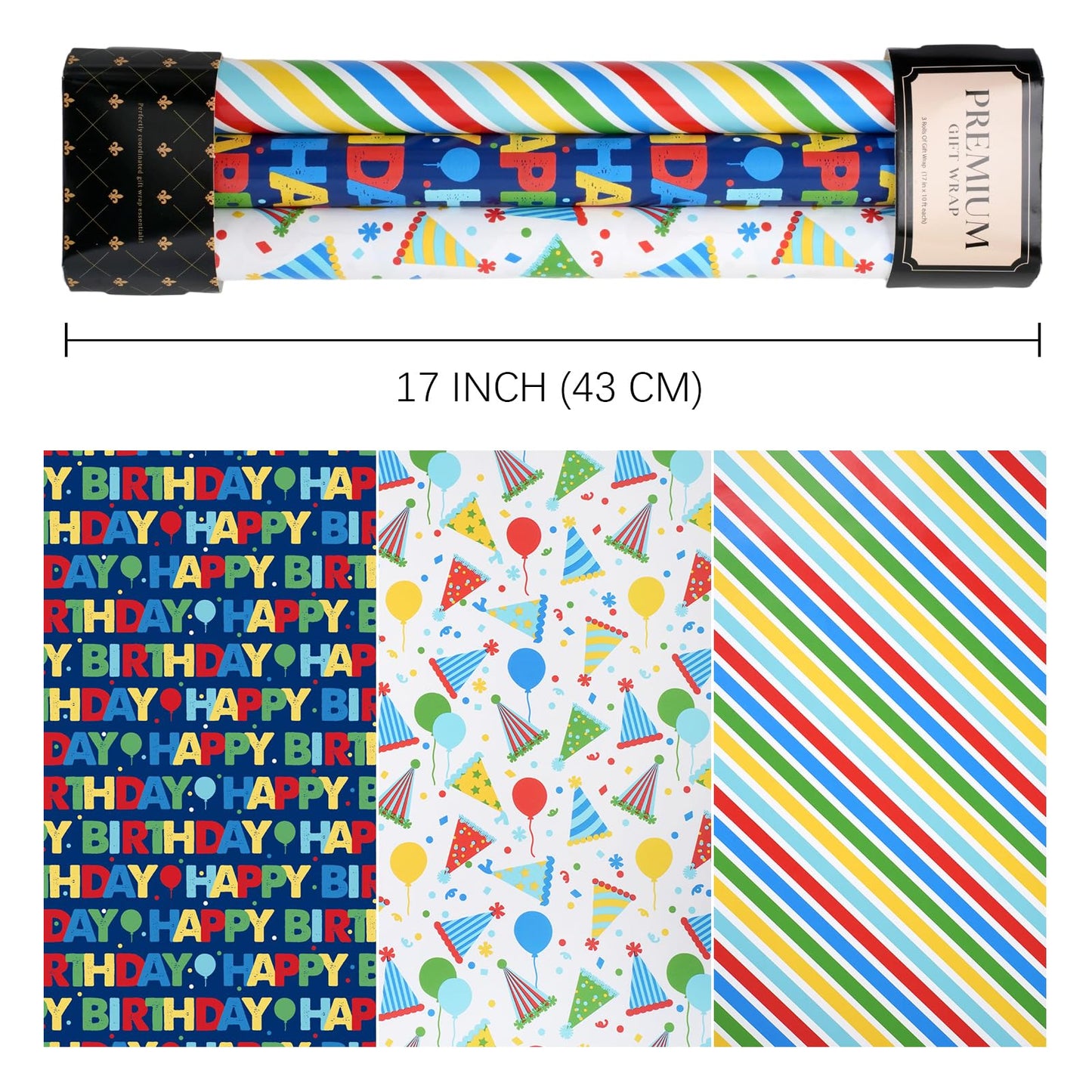 BIOBROWN Birthday Wrapping Paper, Colorful Gift Wrap with Text Happy Birthday Balloon Stripes Design for Kids, 17 inch X 120 inch Per Roll