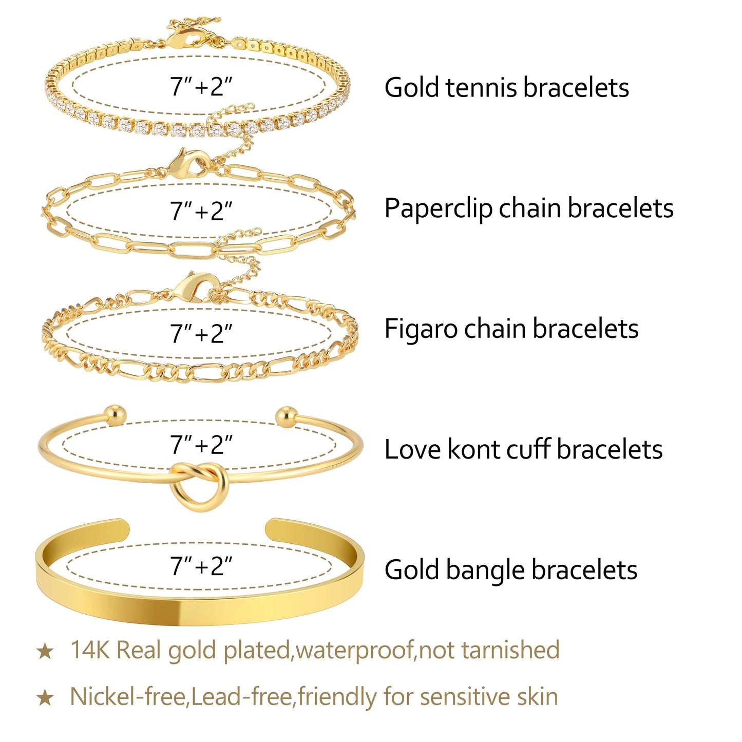 Zalcon Gold Bracelets for Women Gold Plated Bangle Bracelet Layered Tennis Paperclip Chain Bracelets for Women