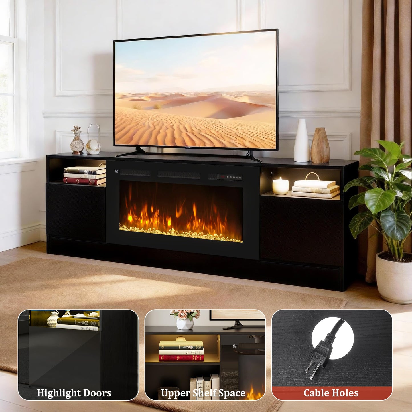 OneBlis 70" Fireplace TV Stand for TVs Up to 80",Entertainment Center with 36” Electric Fireplace and 12 Colors LED Lights,Large TV Console with Storage Cabinet for Living Room,All Black