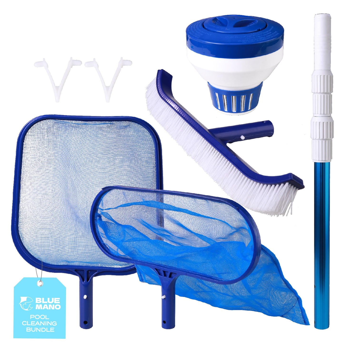 Blue Mano 6 Piece Pool Cleaning Kit - 16" Leaf Rake, 12" Leaf Skimmer, 18" Pool Brush, 4FT Telescopic Aluminum Pole & Standard Chlorine Dispenser - for Pools