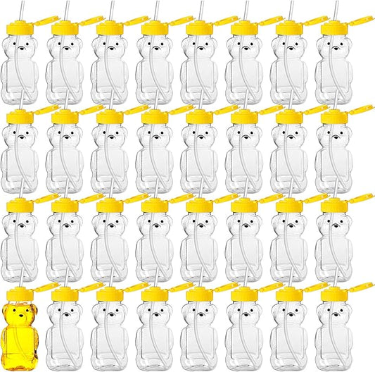 Thenshop 64 Pcs 6 oz Honey Bear Bottle and 64 Pcs Straws Plastic Honey Bear Straw Cup Honeybear Squeeze Jars Cute Empty Bottle for Syrup Sauce Juice Storing and Dispensing
