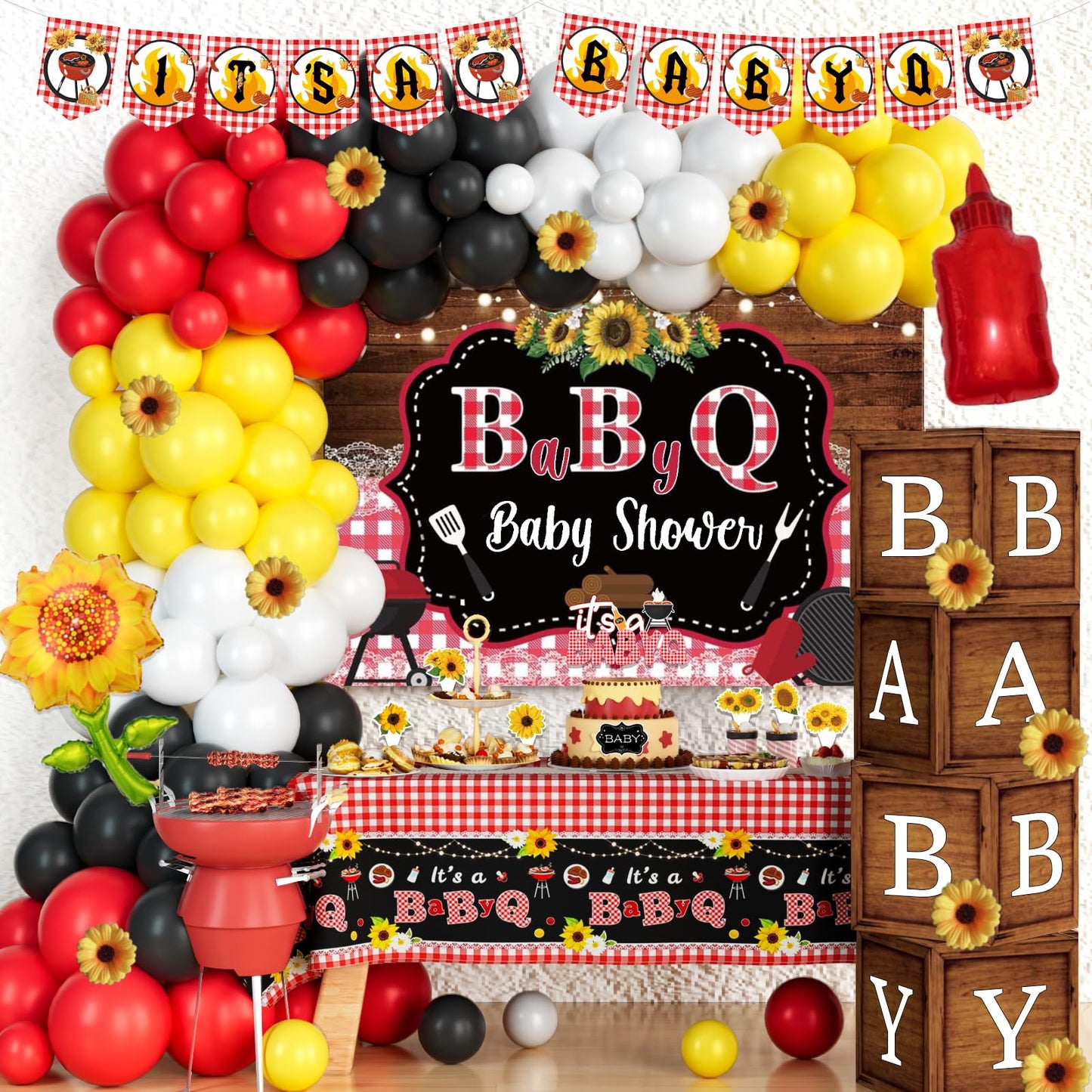 137 PCs BBQ Baby Shower Decorations, Hombae Its A Baby Q Baby Shower Decorations Backdrop Balloon Garland Banner Tablecloth Cake Cupcake Topper Boxes Cutout Barbecue Picnic Sauce Bottle Red Black