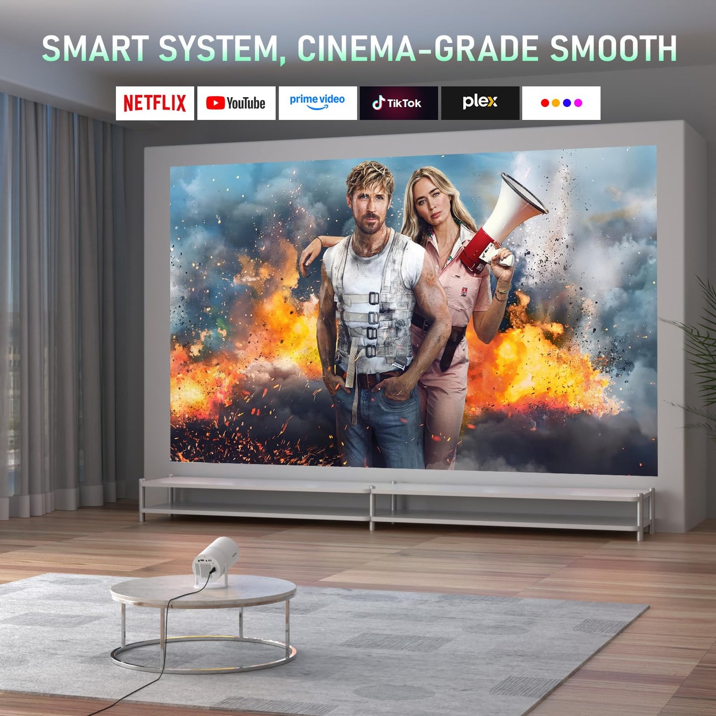 [Officially-Licensed App & Electric Focus]Snow White Smart Mini Projector with WiFi and Bluetooth, XuanPad 4K Support Movie Projector, Portable Native 1080P Outdoor Projector with 360° Stand