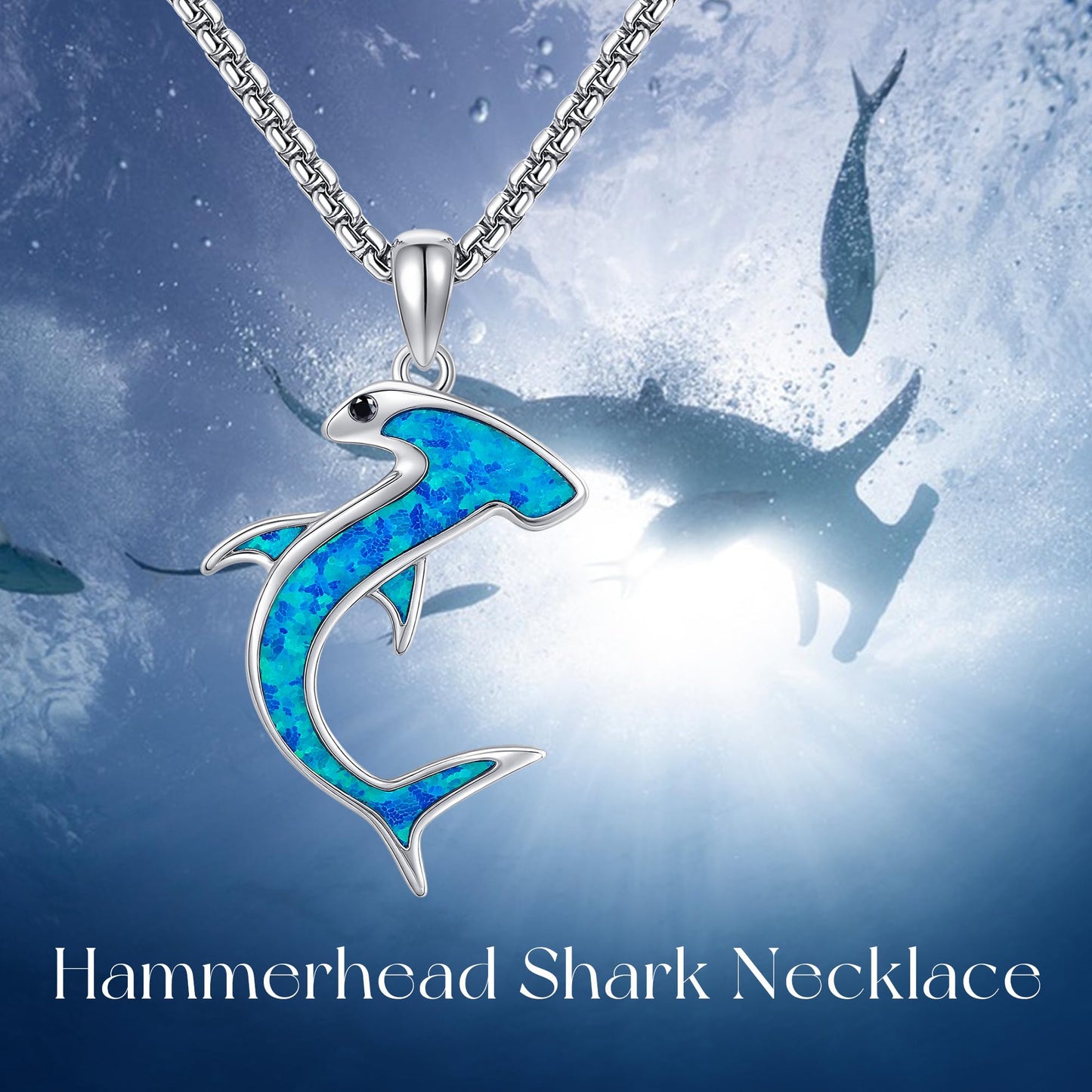 YAFEINI Hammerhead Shark Necklace S925 Sterling Silver Blue Opal Shark Pendant Necklace Hammerhead Sharks Jewelry Gifts for Women Men