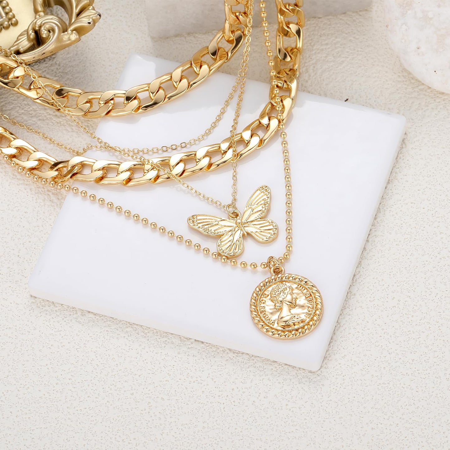 MJartoria Gold Layered Necklaces for Women Trendy Retro Coin Pendant Necklace Dainty Chunky Chain Choker Necklaces for Jewelry Birthday Gifts (Gold, A-X-Butterfly-5 in 1 Layered)