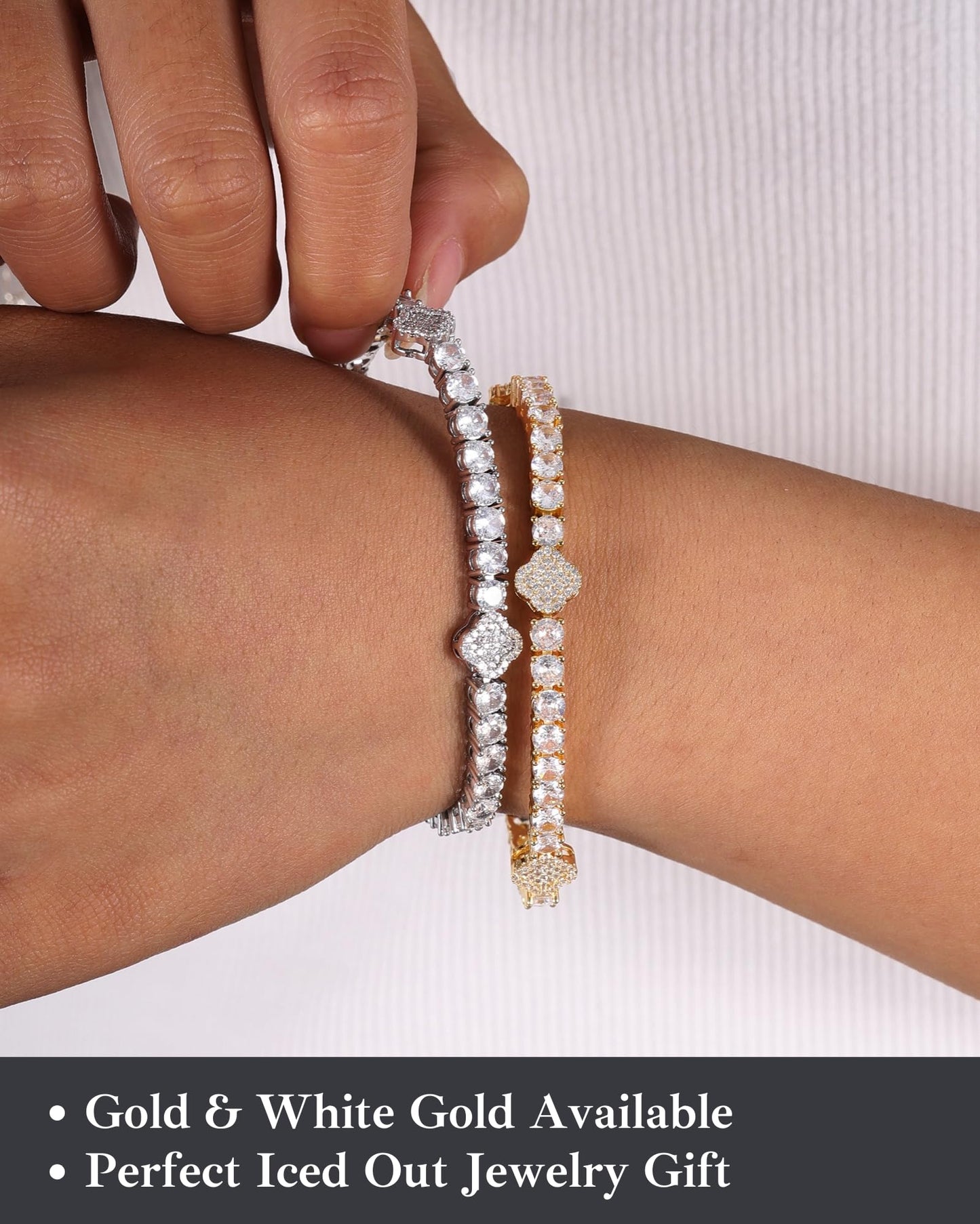 LuxeFlex 4mm Iced Out Clover Tennis Bracelet, White Gold Plated with 5A Zircon Stones, Handmade exquisite Hip Hop Jewelry, Perfect Unisex Gift (White Gold-All stone, 7)