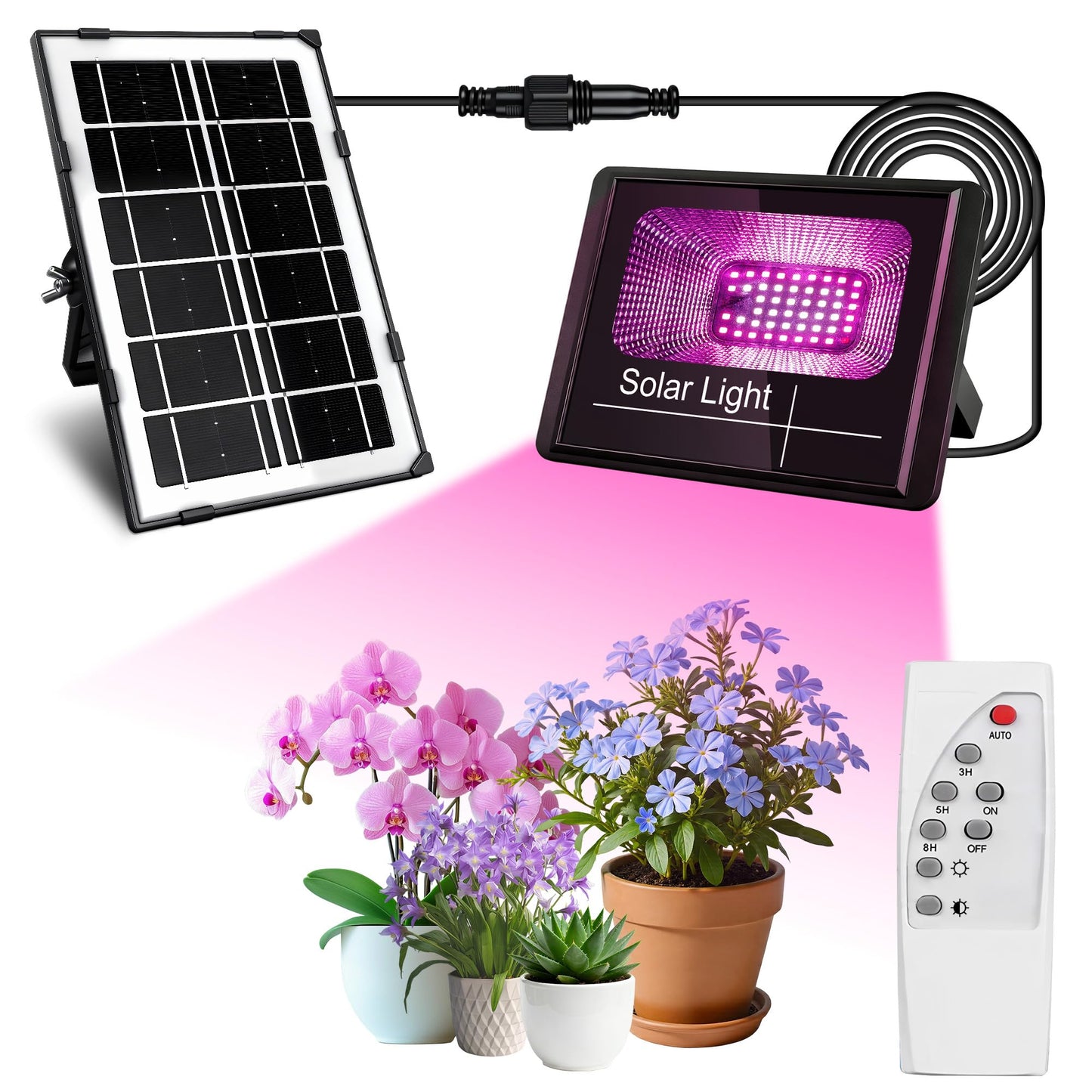 Loscarol Solar Grow Lights, Rechargeable Grow Light, Full Spectrum Plant Light for Indoor Outdoor Plants with Timer, Solar Plant Lights for Greenhouse with Remote Control and 16.4ft Cord/USB Charging