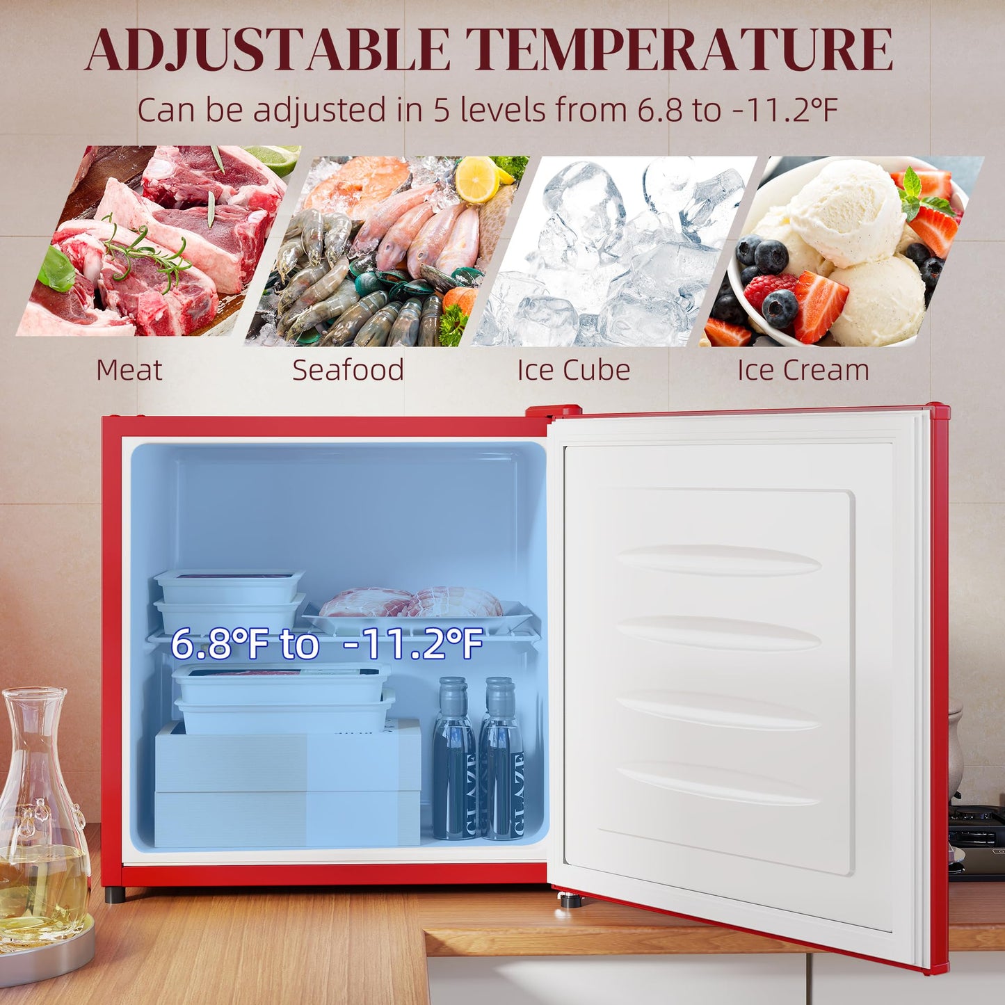 HOMCOM Mini Freezer Countertop, 1.1 Cu.Ft Compact Upright Freezer with Removable Shelves, Reversible Door for Home, Dorm, Apartment and Office, Red