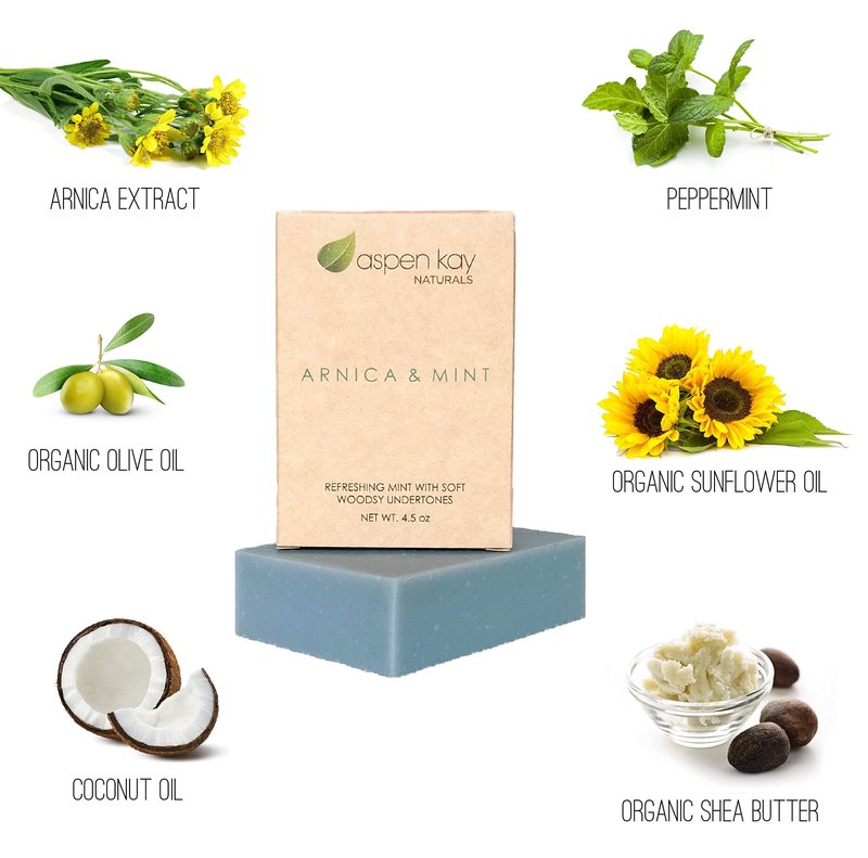 Aspen Kay Naturals Soap Set - Made with Natural and Organic Ingredients. Gentle Soap. 1 Arnica & Mint - 1 Calamine Soap – 1 Calendula Soap - 4.5oz Bar