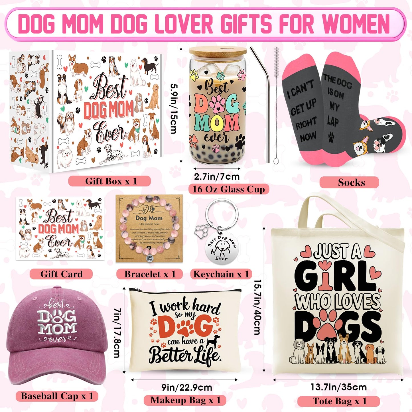 9 Pieces Dog Mom Gifts for Women, Best Dog Lovers Gifts for Women with 16oz Glass Cup, Baseball Cap, Tote Bag, Makeup Bag, Socks, Bracelet, Keychain for Dog Lover Birthday Christmas Mothers Day Gift
