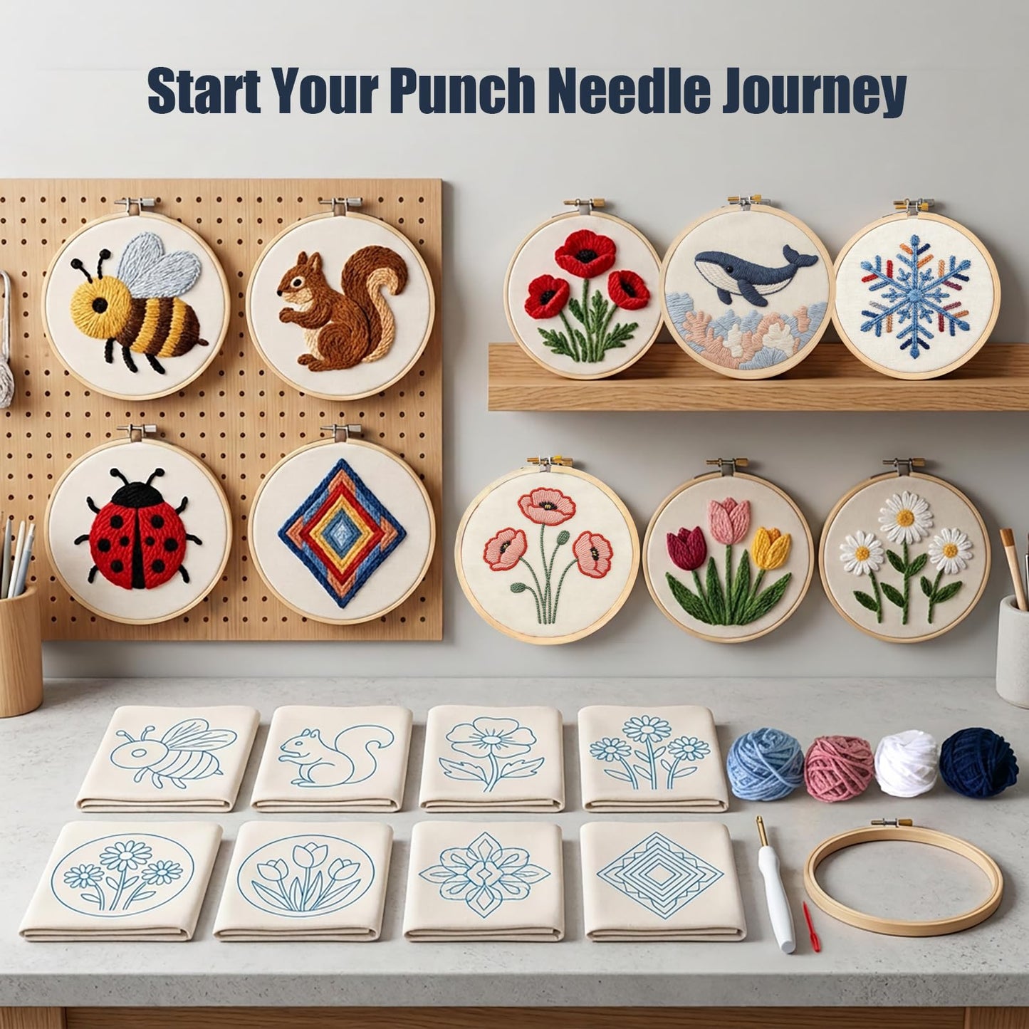 AohaiNova Punch Needle Kits for Adults Beginner,Punch Needle Starter Kit Easy,Embroidery Punch Needling Kits,DIY Punchneedle Kit All Supplies with Wooden Hoop/Patterns/Yarns/Instruction(04-Insect)
