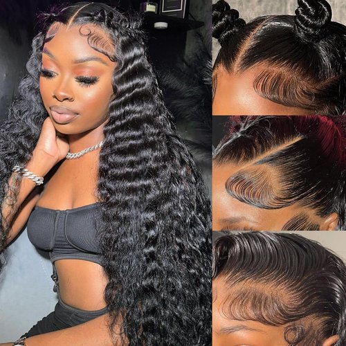 Ferzzon 13x6 Deep Wave Lace Front Wigs Human Hair Wig 180 Density Deep Curly Lace Frontal Glueless Human Hair Lace Front Wig Pre Plucked Natural Black 24 Inch