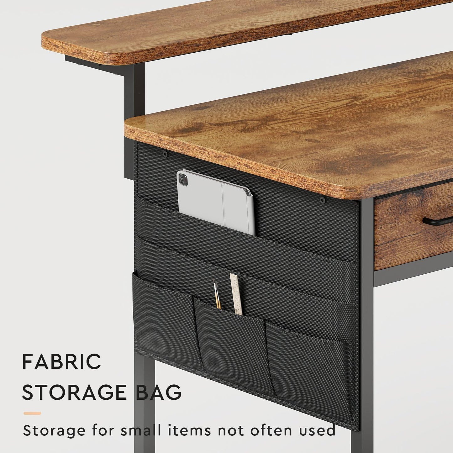 Maihail Small Desk with Drawers, 31.5X15.8-22.9 Inches Office Computer Desk with Side Pocket & Ergonomic Monitor Stand, Writing Table for Small Spaces, Bedroom, Kids Desk, Vanity Desk, Rustic Brown