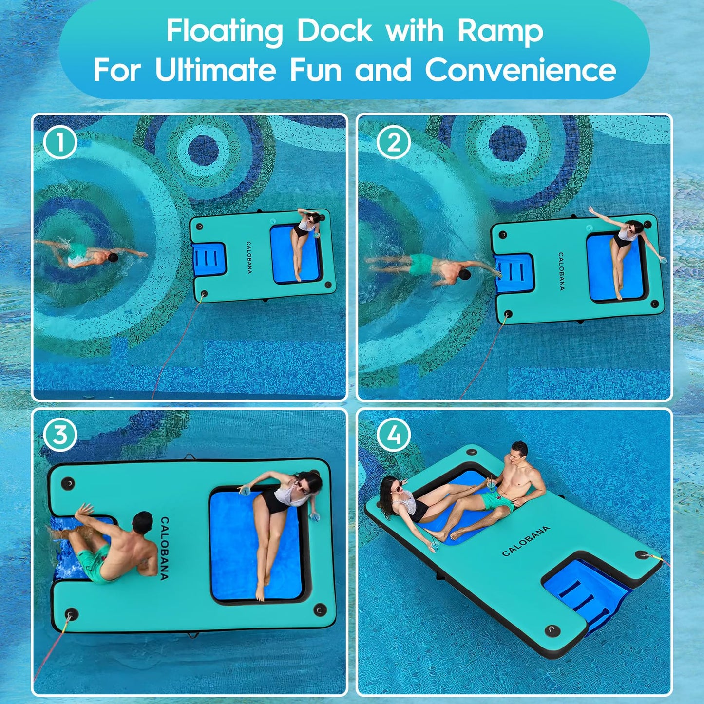 CALOBANA Inflatable Floating Dock with Boat Ramp,Lake Floats with Mesh,Tanning Pool Lounger Water Hammock for Family Party Pool Sea River Dock Boat,Mint Green+Black+Blue