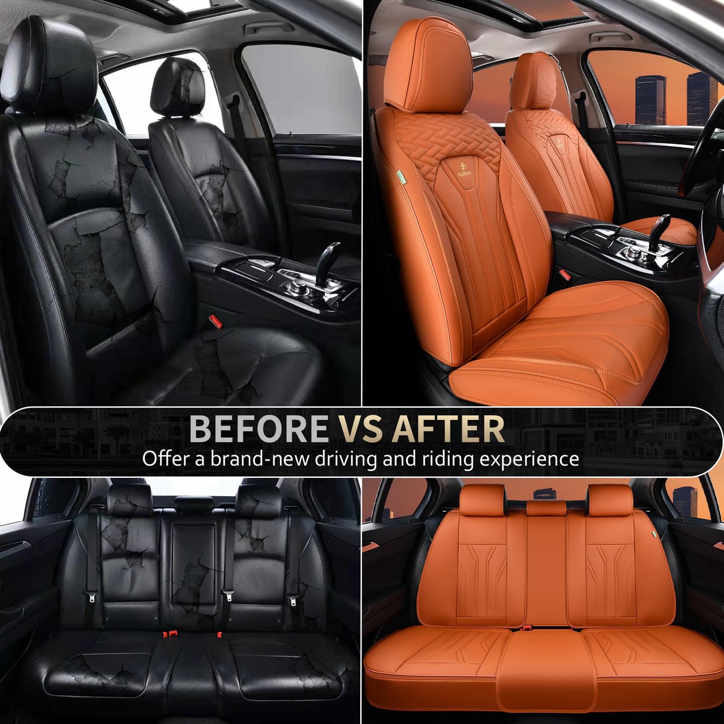 FLORICH Car Seat Covers Full Set, Leather Seat Covers for Cars, Orange Seat Cover, Waterproof Car Seat Cushion Universal Car Seat Protector Front Seats and Back Fit for Most Cars Trucks SUVs
