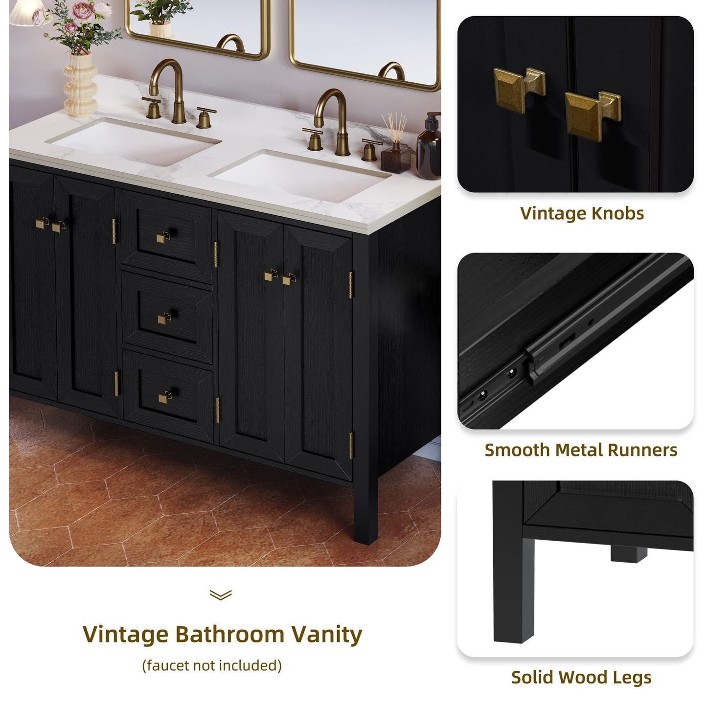 YITAHOME 47 Inch Bathroom Vanity with Double Sink, Retro Bathroom Storage Cabinet with Sintered Stone Countertop, Six Holes, 4 Doors & 3 Drawers
