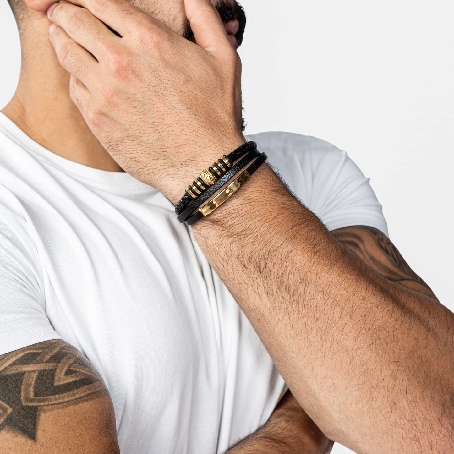 SERASAR Mens Bracelets Leather and Steel Gold Men Bracelet Cowhide Gift Box Braided Stainless Jewelry Wrist Band Cuff Wrap Rope Bangle Dad Man Pulseras para Hombres Cuero Regalo