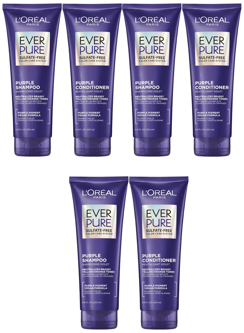 L'Oreal Paris EverPure Purple Shampoo and Conditioner Set, Sulfate-Free Brass Toning for Blonde, Bleached, Highlighted, Silver or Gray Color-Treated Hair, 6.8 Fl Oz, Pack of 6