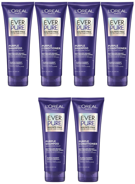 L'Oreal Paris EverPure Purple Shampoo and Conditioner Set, Sulfate-Free Brass Toning for Blonde, Bleached, Highlighted, Silver or Gray Color-Treated Hair, 6.8 Fl Oz, Pack of 6
