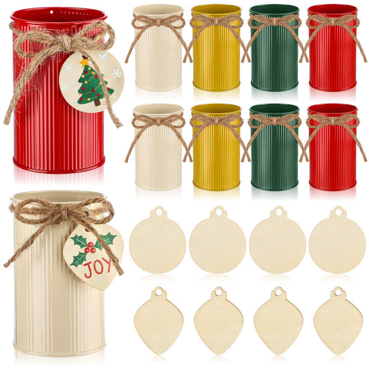 Acellegic 8 Pack Christmas Table Centerpieces Farmhouse Rustic Galvanized Metal Vases Decor Flower Buckets Mason Jar Utensil Holder with Twine Bow & Wooden Cutouts for Xmas Holiday Table Decor