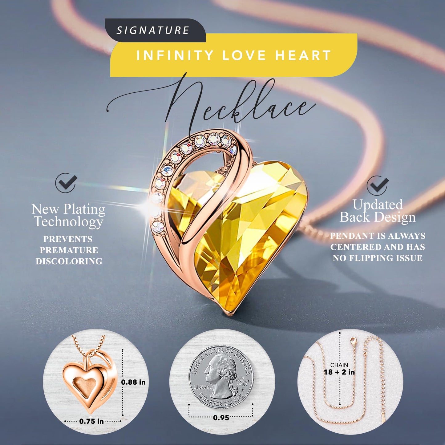 Leafael Gifts for Women Rose Gold Plated Necklaces: Heart Citrine Yellow Crystal, November Birthstone, Hypoallergenic Chain (18"+2"), Birthday Jewelry for Mom and Wife