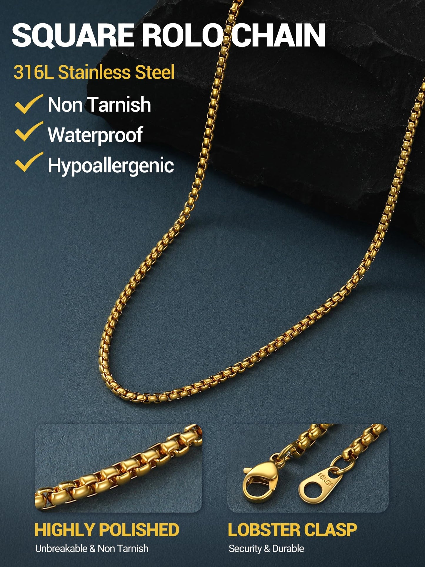 PROSTEEL Squre Rolo Link Chains, 18K Gold Chain Necklace Waterproof & Non Tarnish 3mm Stainless Steel Link Chains for Men and Women Jewelry with Gift Box 18in