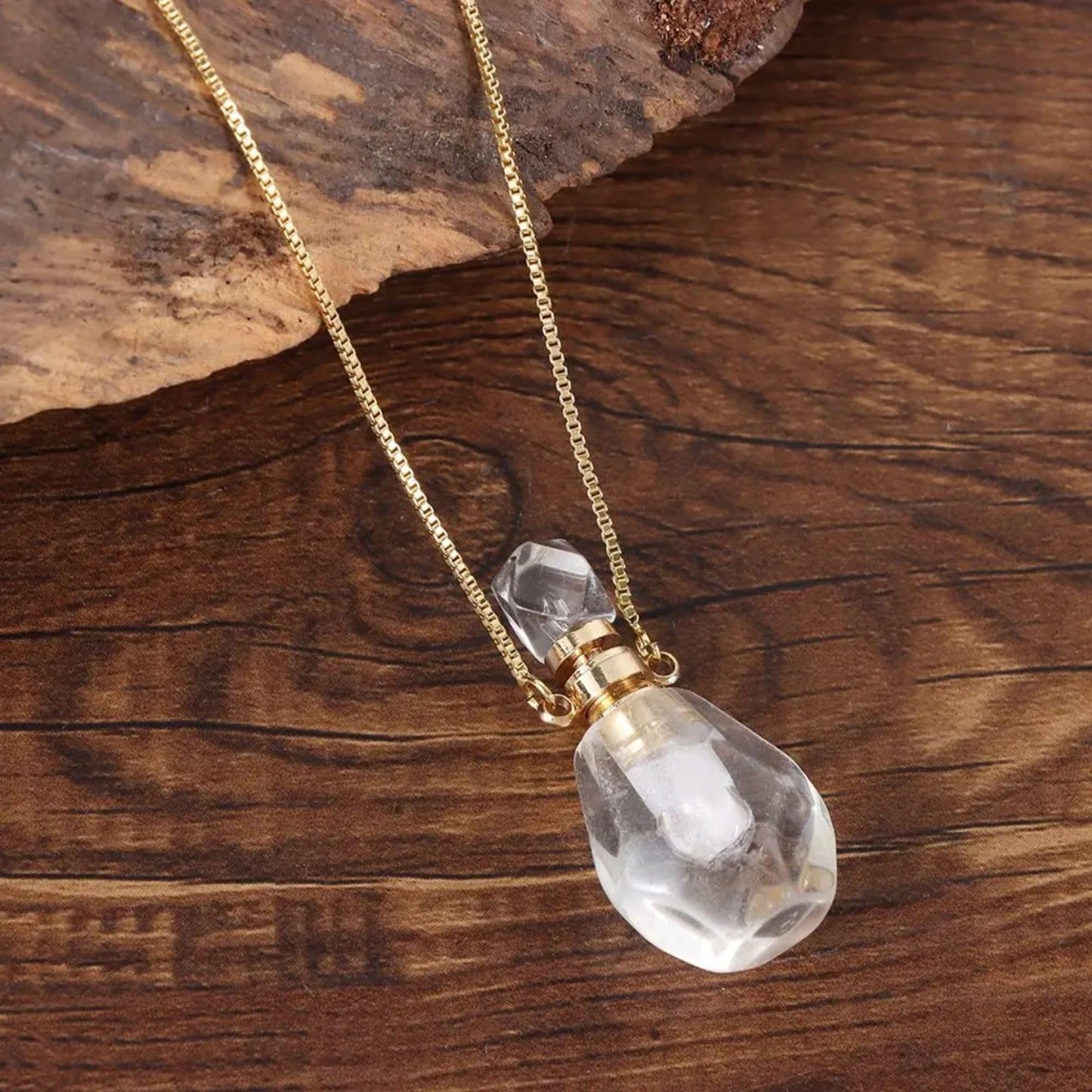 14K Yellow Gold Natural Stone Vial Necklace For Women - Glass Vial Pendant Necklace Water Drop Jar Perfume Necklace - Water Container Vial Necklaces For Liquid Oil Diffuser Vial Jewelry