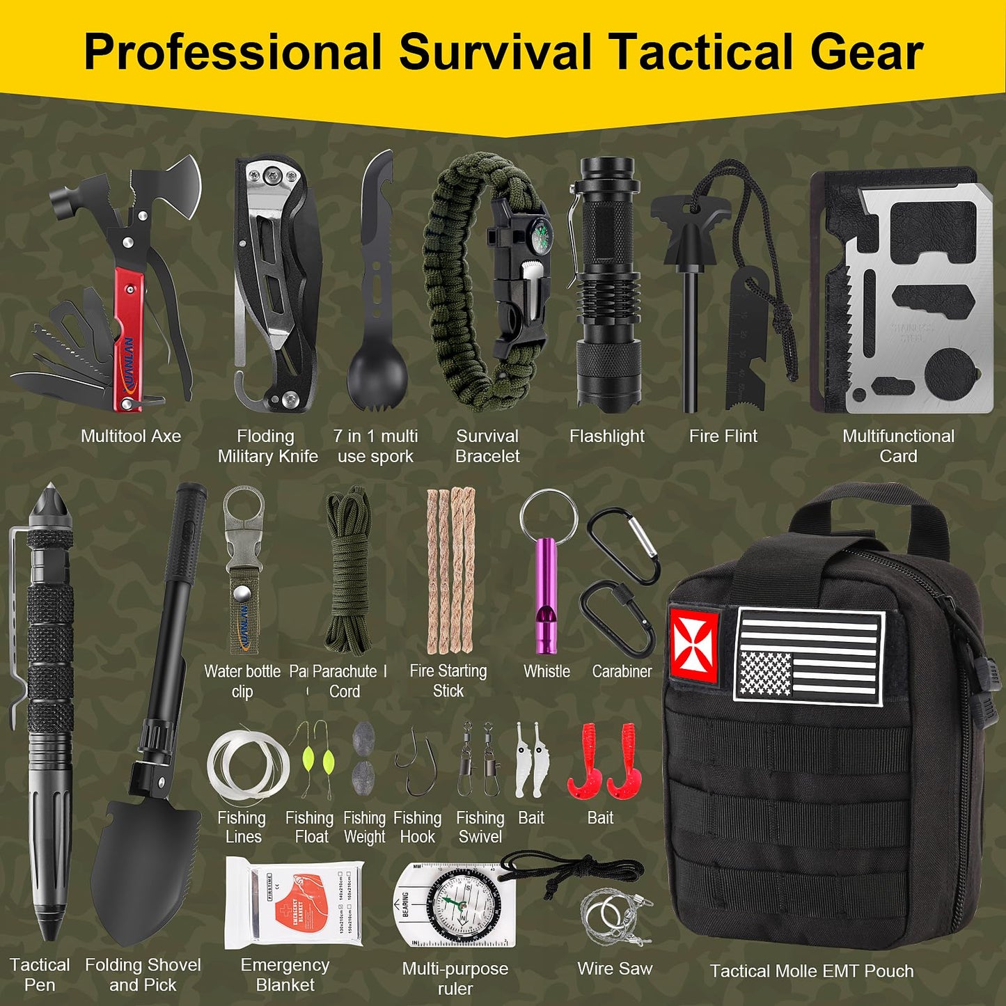 Survival First Aid Kit, 248PCS Survival Tools Camping Essentials Tactical Gear Emergency Trauma Medical Supplies Packed in a MOLLE Pouch, Saber Card,Cool for Men Camping Hiking Outdoor Activities
