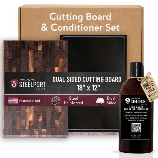18” x 12” Walnut Cutting Board + Oil Conditioner (8 oz) Bundle | SteelCore™ Reinforced End-Grain Butcher Block with Dual Surface & Hemp Oil Wood Care | Made in USA