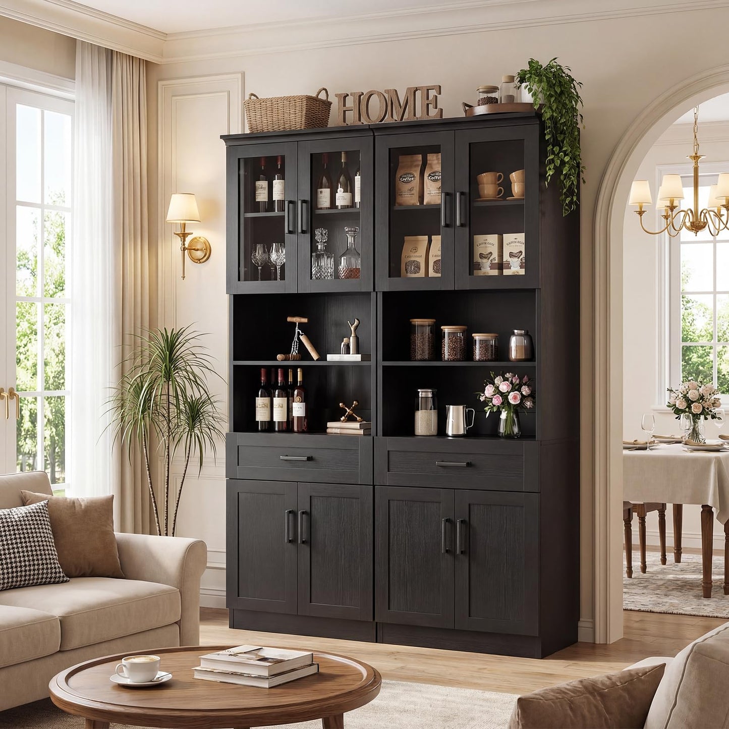 Unikito 79.7" Tall Kitchen Pantry Storage Cabinet, Freestanding Kitchen Hutch Cabinet with Glass Door, Adjustable Shelves and Drawer, Display Bookcase for Living Room, Dining Room, Bathroom, Black