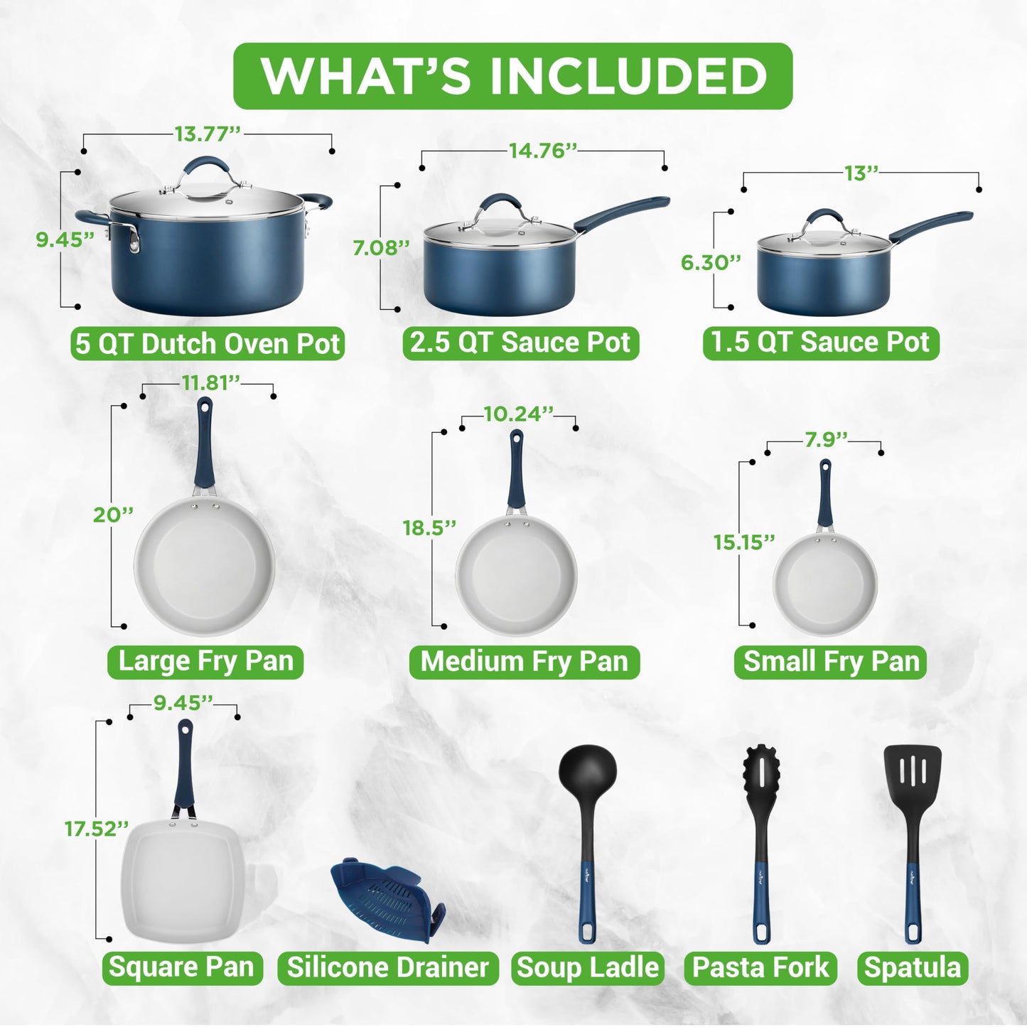 NutriChef 14-Piece Navy Blue Nonstick Cookware Set - Durable Pots and Pans Set with Lids & Utensils, Compatible with All Cooktops