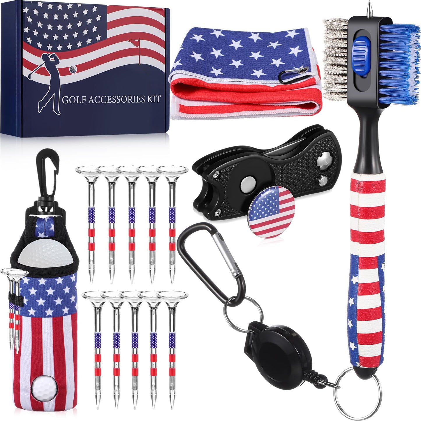WinnerWhy 15Pcs American Flag Golf Accessories Kit, Include Golf Towel Plastic Golf Tee Golf Ball Bag with Hook Golf Divot Tool with Magnetic Ball Marker Golf Club Brush 4th of July Golf Gifts for Men