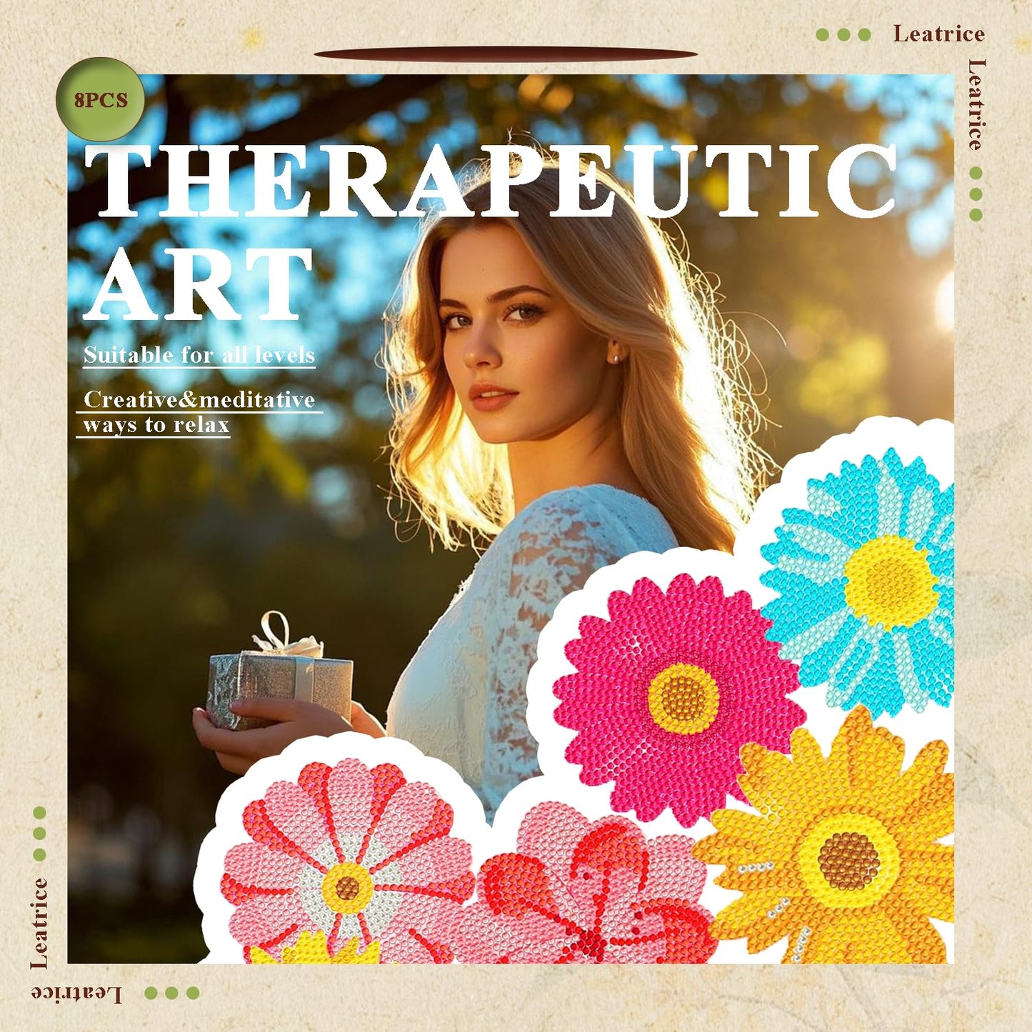 Leatrice 8PCS Flower Diamond Art Coasters Small Diamond Painting Kits for Adults Beginners Women Gem Art Coasters with Holder Funny DIY Crafts for Home Decor