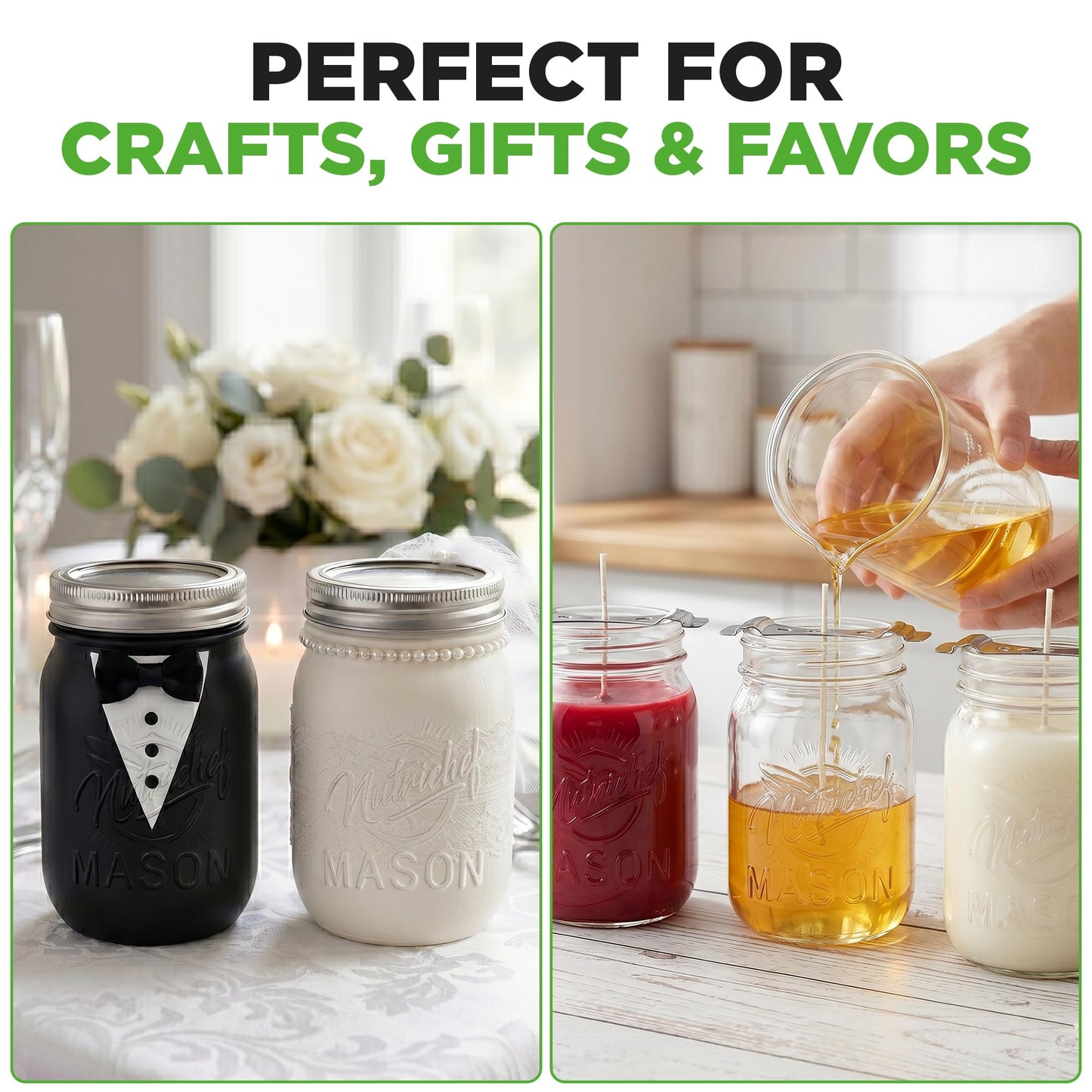 NutriChef 4-Pack 16 oz Mason Jars with Lids - Thick Glass Canning Jars with Stainless Steel Lids - Ideal for DIY Spices, Meal Prep, Overnight Oats, Jelly, Jam, Honey, Candles, Crafts, & More