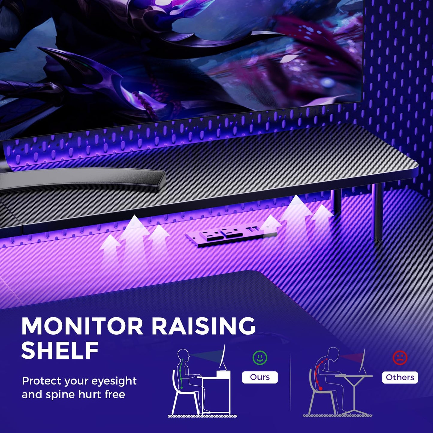 GTRACING Gaming Desk with LED Lights, 55 Inch Large Computer Gamer Desk with Monitor Stand & Power Outlet, Ergonomic Carbon Fiber Surface Gaming Table with Mouse Pad for Home Office, Carbon Black