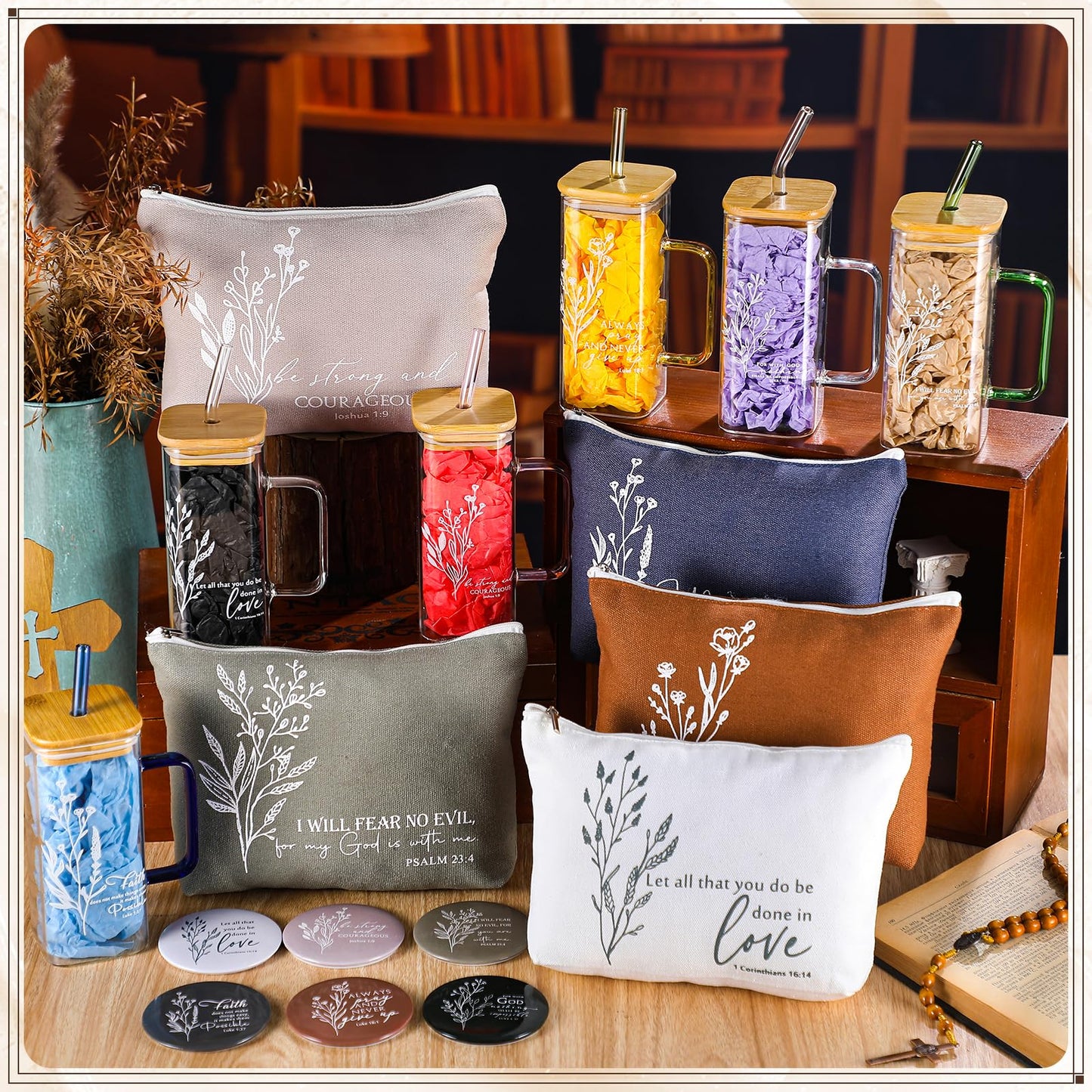 Fumete 6 Sets Christian Appreciation Gift for Women Bible Verse Flower Makeup Bag Gifts Religious Coffee Cup with Handle Bamboo Lid Straw Mini Compact Mirrors for Mothers Day Church Coworker