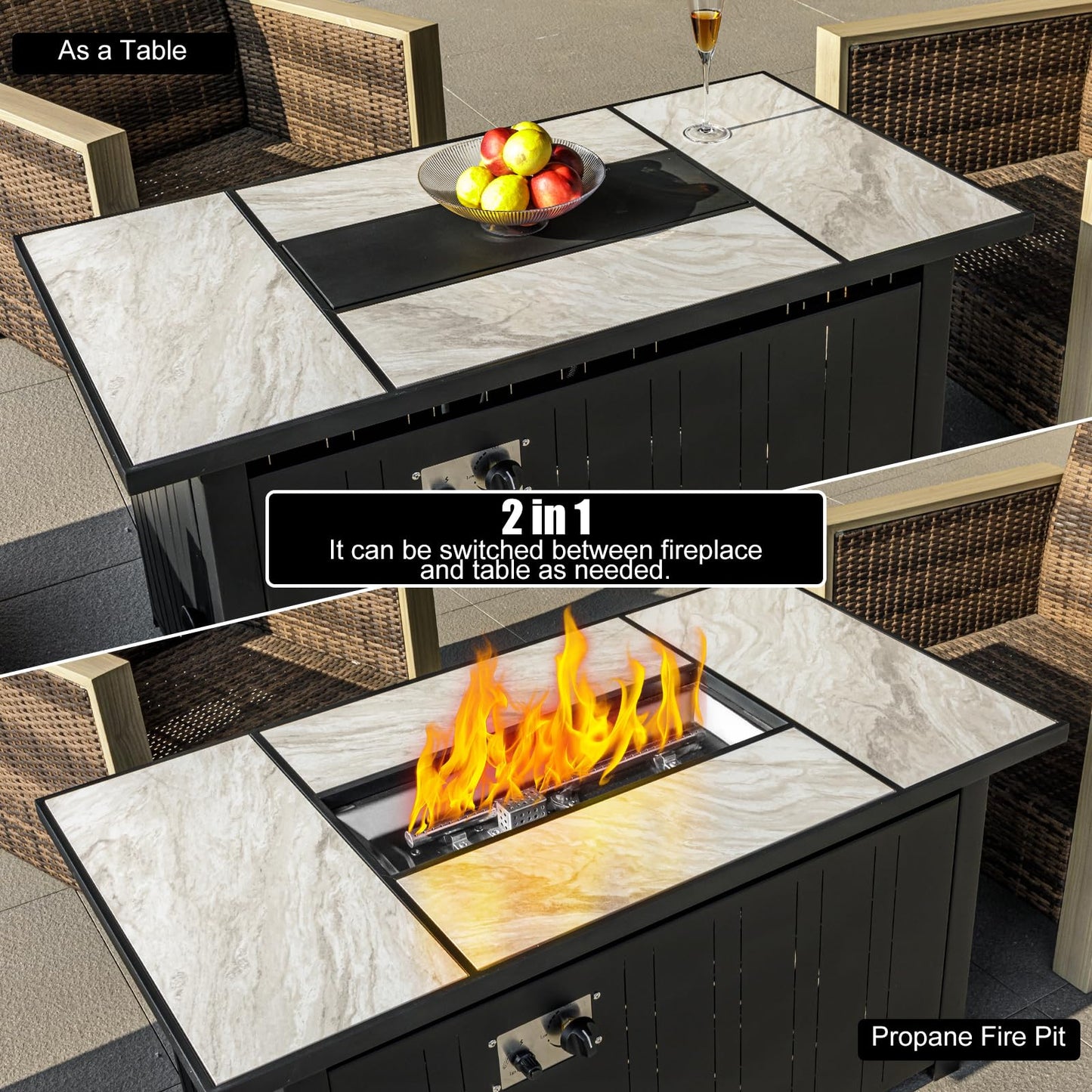 OutVue 47" Propane Fire Pit Table with Real Ceramic Tabletop, 50000 BTU Gas Firepit Table with Lid & Lava Stones, Outdoor Fire Pit for Dining or Party, Firepit for Outside, Patio