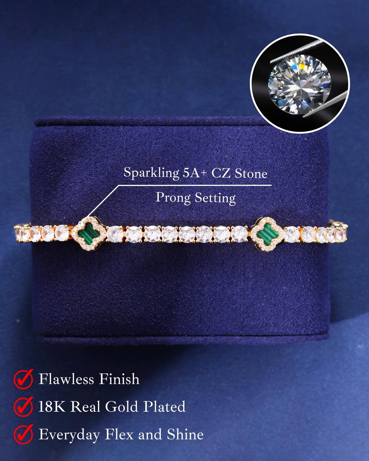 LuxeFlex 4mm Iced Out Clover Tennis Bracelet, White Gold Plated with 5A Zircon Stones, Handmade exquisite Hip Hop Jewelry, Perfect Unisex Gift (Gold-Green,7)