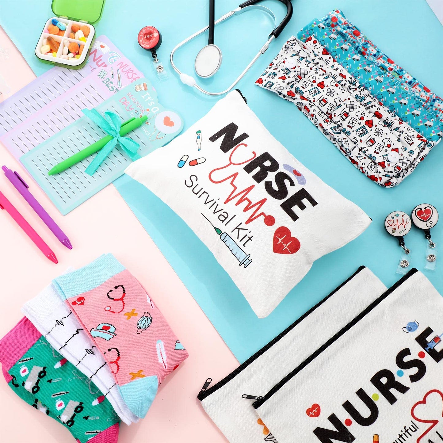 Hotop 36 Pcs Nurse Survival Kit 2026 Nurse Week Gifts Appreciation Gifts Bulk Badge Reel Makeup Bags Socks Headbands Notepads with Pen CNA Accessories for Nursing Doctors Medical Assistant Students