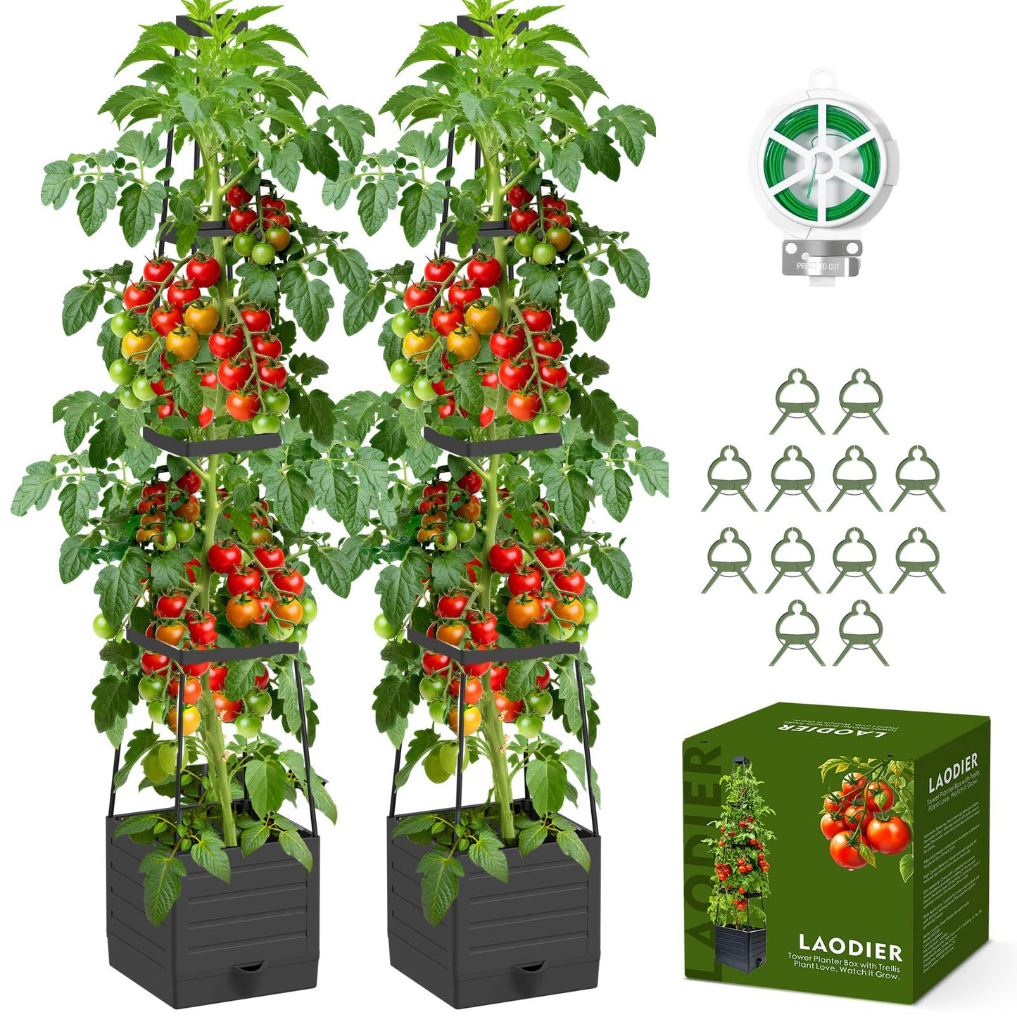 2 Pack Raised Garden Bed Tomato Planter with Trellis, 57" Tomato Cage Plant Support Planters, Self-Watering Planter for Tomatoes Climbing Plants Vegetable Vine Flowers Outdoor & Indoor