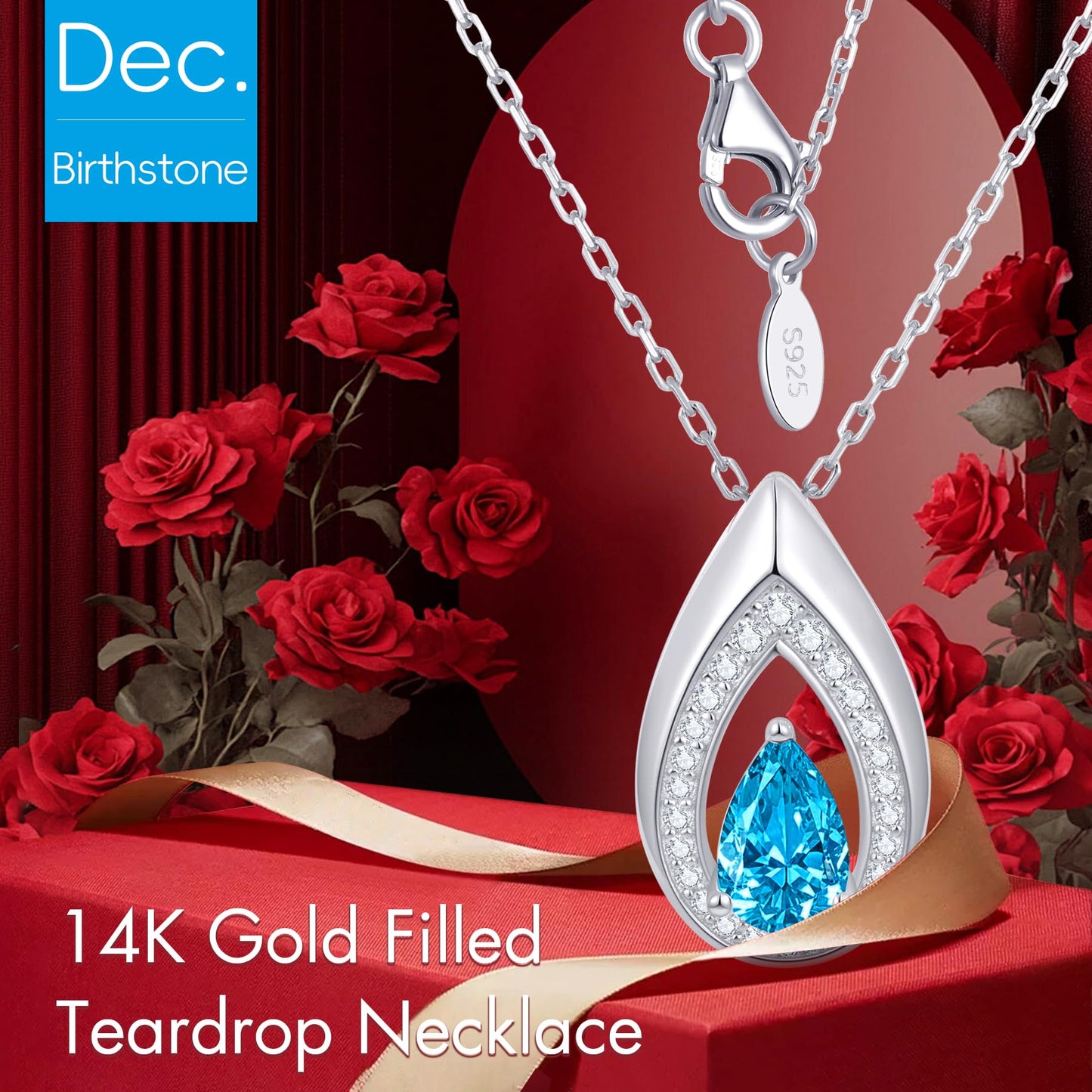 Kstyle 925 Sterling Silver Blue Topaz December Birthstone Pendant Necklace Teardrop Jewelry Valentine's Day Anniversary Birthday Gift for Daughter Wife Mom Girlfriend Her Non Tarnish