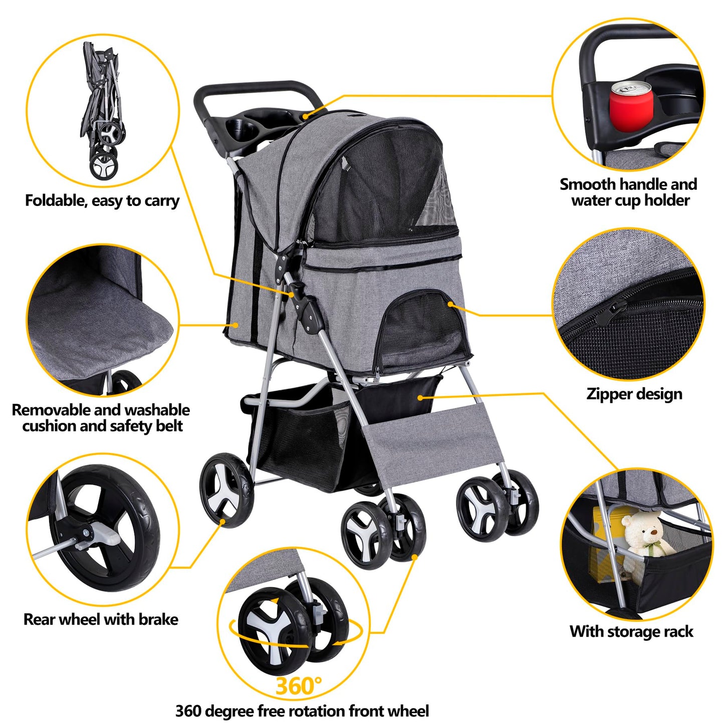 Epetlover 4 Wheels Dog Stroller Folding Pet Strolling Cart for Small Medium Cats Puppies Portable Jogger Travel Camping Puppy Carrier with Storage Basket Cup Holder, Gray