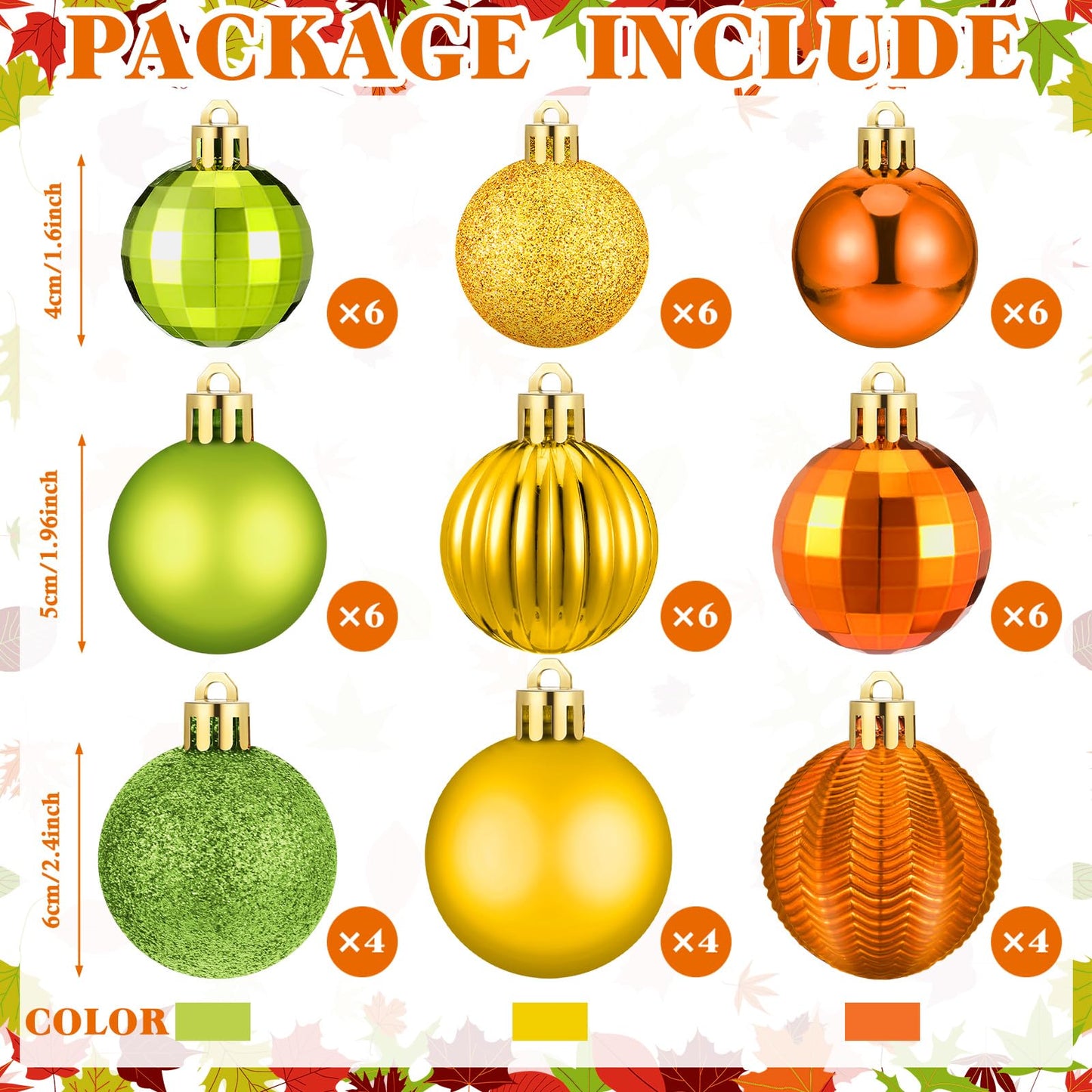 Lunmon 64 Pcs Fall Ball Ornaments Matt Glitter Lime Green Gold Orange Tree Ornament 1.6/1.97/2.4 Inch Autumn Thanksgiving Hanging Bulbs Fall Decorations for Home Tree Holiday Office Party Decor