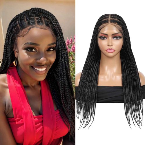Brinbea 13x8'' HD Lace Front Knotless Braided Wigs for Women Short Box Braid Wig with Baby Hair Premium Synthetic Braided Lace Front Wigs Black 22 inch