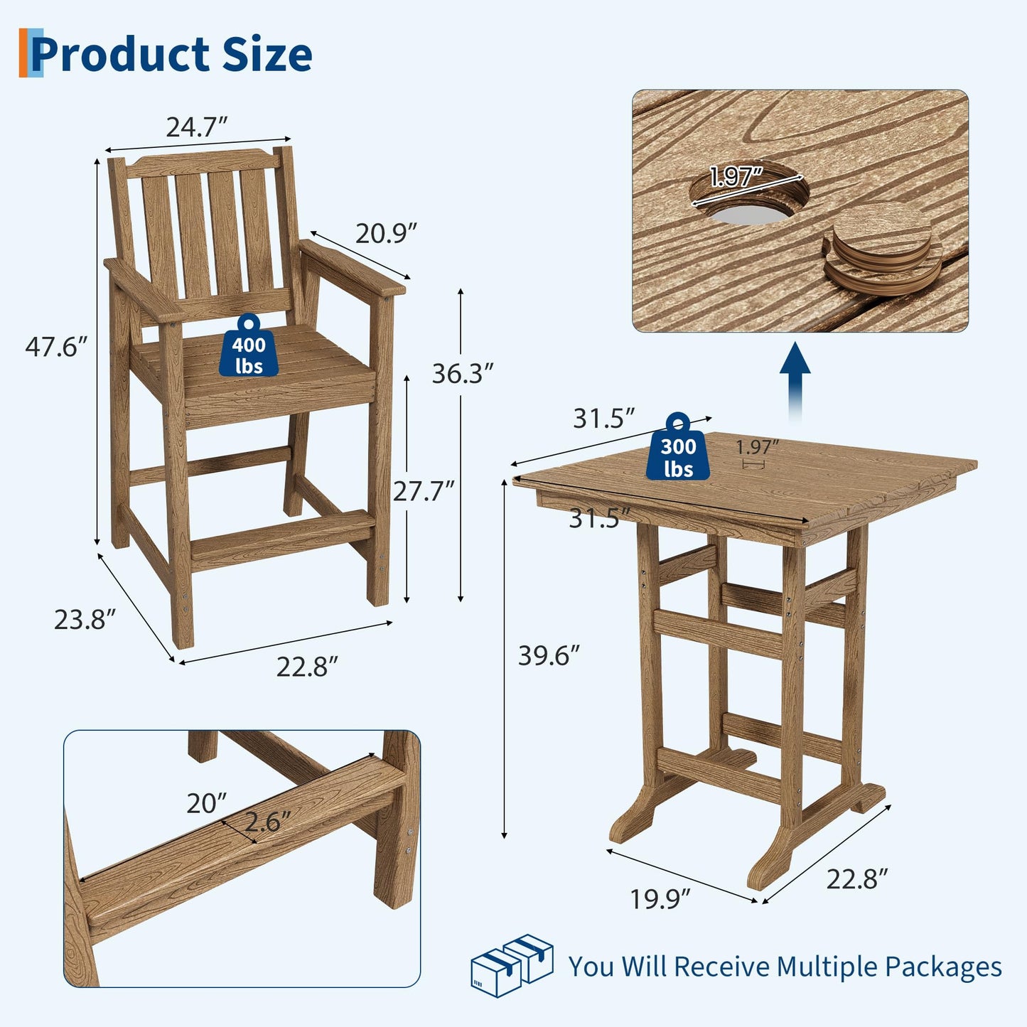 Garvee 3-Piece Outdoor Adirondack Bar Set, Patio Bar Table with 2 Bar Chairs, HDPE All-Weather Patio Bar Furniture Set with Umbrella Hole, for Balcony, Backyard, Poolside, Bistro